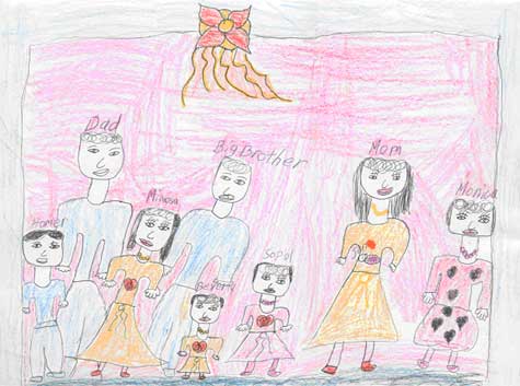 Drawing by Mimosa Long. In Mimosa’s words, "I am burn and back home with my family and I love them."